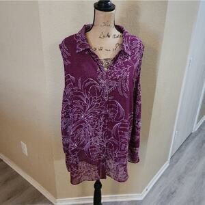Roman's purple floral button down tunic length top plus size 30W‎